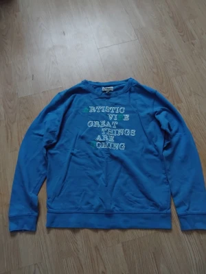 Blå sweatshirt från D.M.D by devina clay - Blå sweatshirt med trycket 'ARTISTIC VIBE GREAT THINGS ARE COMING' på bröstet. Rund hals och långa ärmar, tillverkad i mjuk bomull. Perfekt för dig som gillar chill och kreativ stil.