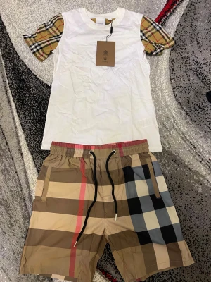 Vit Burberry t-shirt med rutiga ärmar - Vit t-shirt från Burberry med klassiska rutiga korta ärmar i beige, svart, rött och vitt. T-shirten har rund halsringning och är tillverkad i mjuk bomull. Perfekt för dig som vill ha en clean look med lyxig touch och ikoniska detaljer.