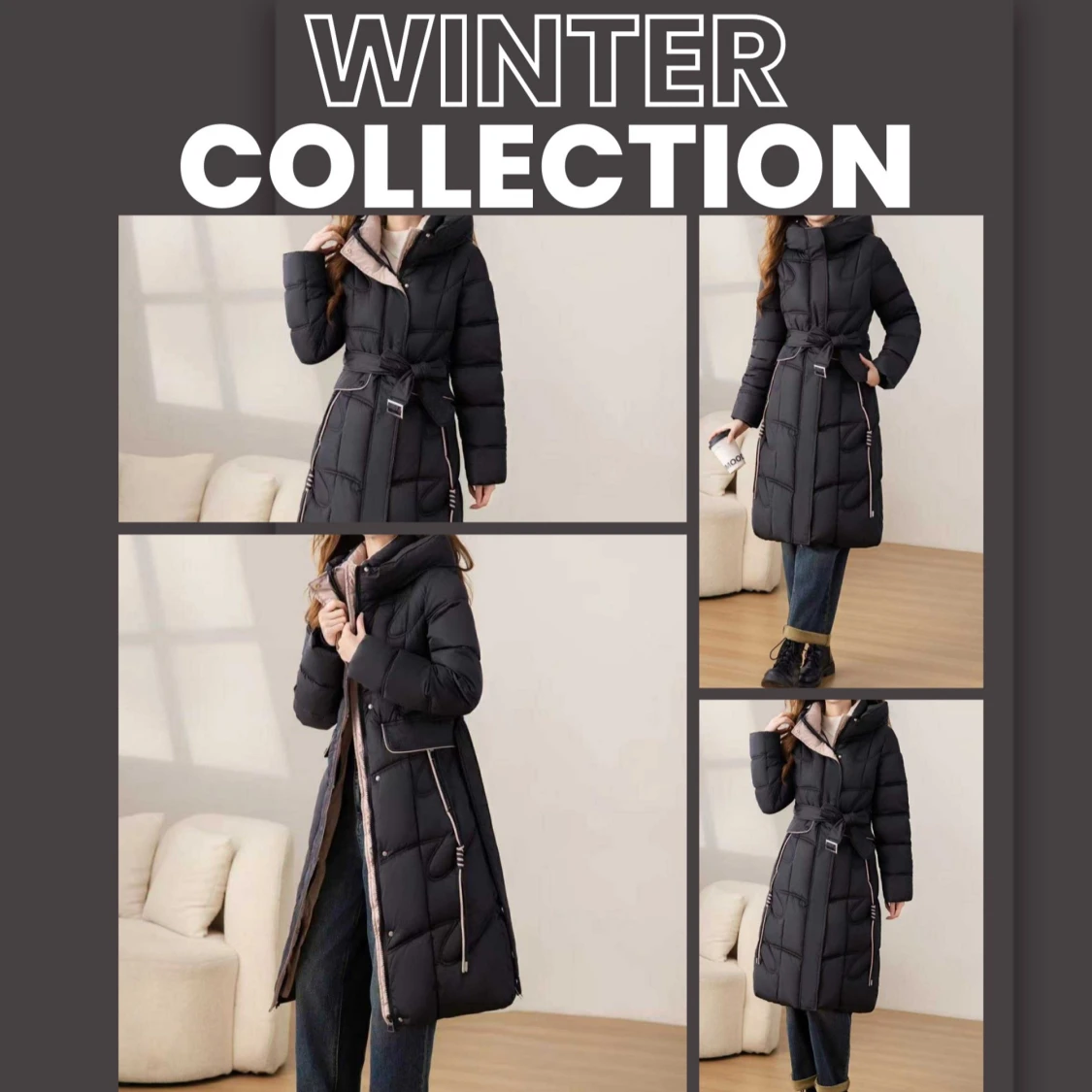 Svart lång pufferjacka med bälte