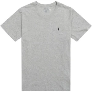 Grå t-shirt från Polo Ralph Lauren - Snygg grå t-shirt från Polo Ralph Lauren med klassisk rund hals och korta ärmar. T-shirten har en liten mörkblå broderad logga på bröstet och är gjord i mjuk bomull. Aldrig använd. Storleken är lite konstigt står XL men passar M eller L.  Köpt för cirka 600kr.