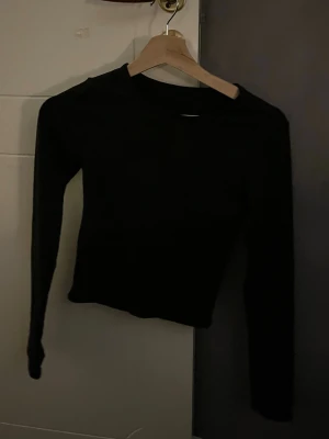 Svart långärmad topp - Säljer en enkel svart långärmad topp med rund hals. Modellen är slim och har en klassisk, stilren look som funkar till många olika outfits. Materialet känns mjukt och stretchigt, perfekt för lager-på-lager eller som den är.
