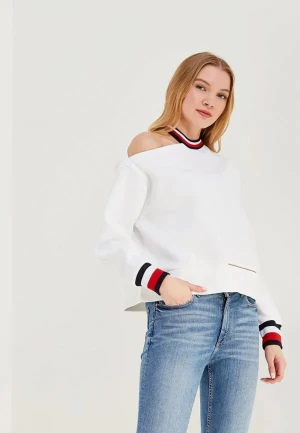 TOMMY X GIGI GIGI HADID OPEN SHOULDER LS SWEATER IN CLASSIC WHITE - Elevate your everyday style with this iconic Tommy X Gigi open-shoulder sweater. Designed in collaboration with Gigi Hadid, this modern knit features a chic asymmetric neckline and signature Tommy Hilfiger stripe detailing for a sporty-luxe finish.
