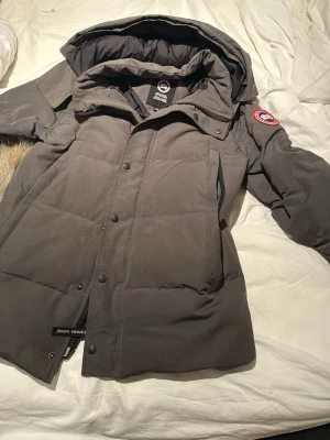 Mörkgrå dunjacka från Canada Goose - Säljer en mörkgrå dunjacka från Canada Goose i storlek L. Jackan har huva med pälsdetalj, klassisk logga på ärmen och både dragkedja och knappar framtill. Perfekt för kalla vinterdagar och riktigt snygg streetstil. En av ytterfickans dragkedja på jackan är tyvärr sönder men går att laga.
