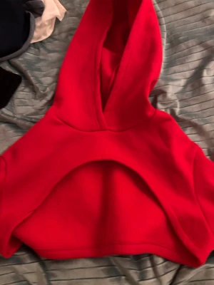 Röd långärmad tröja med text - Bra att ha över ett linne om man blir kall om armarna men inte ryggen, har en varm och mysig luva.