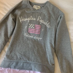 Grå sweatshirt från Hampton Republic - Grå sweatshirt från Hampton Republic med tryck framtill i vitt och rosa, samt texten 'Hampton Republic National League'. Tröjan har långa ärmar och en insydd skjortdetalj i ljusrosa och vitt nedtill som ger en lager-på-lager-look. Perfekt för en chill och sportig stil.