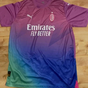 AC Milan Puma fotbollströja lila/blå - AC Milan fotbollströja från Puma med korta ärmar. Tröjan har en snygg färgövergång från lila upptill till blått och grönt nedtill. Tryckt klubbmärke och sponsorloggor på bröstet och ryggen. Tillverkad i lätt och ventilerande polyester.