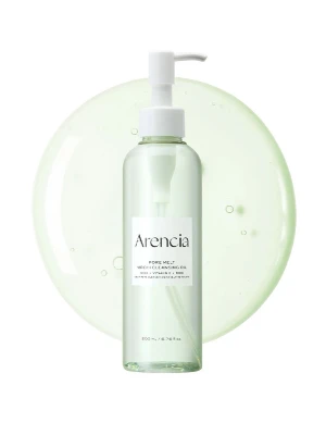 Arencia Pore Melt Cleansing Oil - Arencia Pore Melt Cleansing Oil är en genomskinlig rengöringsolja i en stilren pumpflaska. Innehåller cica, vitamin C och risextrakt för att effektivt ta bort smink och orenheter. Flaskan rymmer 200 ml och har en fräsch, minimalistisk design.