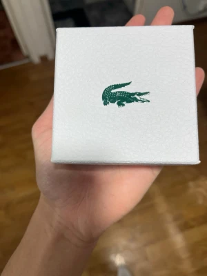 Lacoste silverfärgad armbandslänk - Säljer en stilren armbandslänk från Lacoste i silverfärgat metallmaterial. Länken har rektangulära länkar med mönstrad yta och en ingraverad Lacoste-logga på en av länkarna. Kommer med original ask och tygpåse med krokodilloggan. Är en väldigt fin present för din kille eller för en släkting 