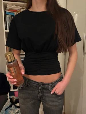 Cider topp - Säljer en svart croppad topp från Cider med korta ärmar och snygg rynkdetalj vid midjan. Toppen har en enkel, stilren design och är tillverkad i mjukt bomullsmaterial. Perfekt att matcha med jeans eller kjol för en cool look.