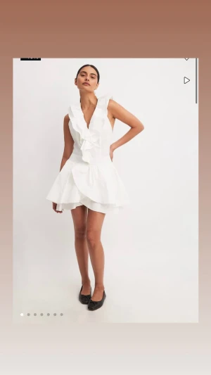 Vit omlottklänning med volanger - Supersöt vit kortklänning med omlott-design och volanger längs v-ringningen och kjolen. Ärmlös modell med luftig kjol i lager och markerad midja. Perfekt för student eller sommarhäng. Materialet är lätt bomull som känns fräscht och bekvämt.