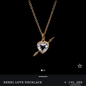 Halsband Maria Nilsdotter- Rabel Love Necklace - Unikt halsband från Maria Nilsdotter med tunn guldfärgad kedja och ett hängsmycke i form av ett klart hjärta genomborrat av en pil. Hängsmycket har en glittrande kristall-look och detaljer i guld. Endast använd några gånger och ser ut som nyskick med ny guldplattering! 