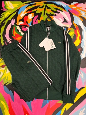 Grön mönstrad zip-tröja Lacoste - Snygg grön zip-tröja från Lacoste med geometriskt mönster och klassiska vita och svarta ränder längs ärmarna. Tröjan har ståkrage, dragkedja framtill och det ikoniska krokodillogot broderat på bröstet. Regular fit och sportig vibe.