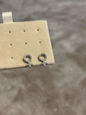 Silvriga örhängen med kvinnosymbol - Säljer ett par små silvriga örhängen i form av kvinnosymbolen. Ena sidan har gnistrande stenar som ger extra bling, medan baksidan är slät metall. Perfekt för dig som vill ha en cool och betydelsefull detalj i din look. Säljer då jag inte använder dom.