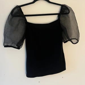 Svart topp med puffärmar i mesh - Säljer en svart topp med transparenta puffärmar i mesh. Toppen har en rak halsringning och är figurnära i modellen. Materialet på kroppen är mjukt och stretchigt, medan ärmarna är luftiga och ger en cool kontrast. Perfekt för dig som gillar statement-ärmar!