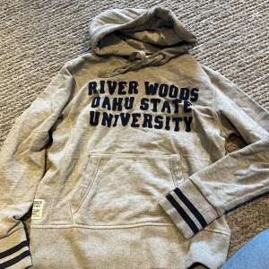 Grå ungdoms hoodie River Woods med tryck - Grå hoodie från River Woods med mörkblå text 'River Woods Oahu State University' på bröstet. Tröjan har huva med snörning, känguruficka och ribbade muddar med två mörkblå ränder. Märkespatch på ärmen och nedtill. Perfekt för chill dagar.