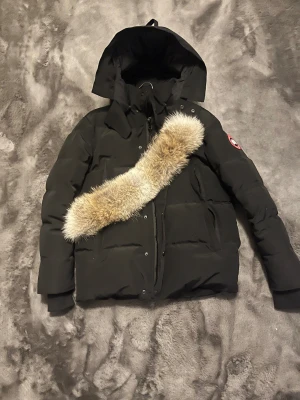 Svart Canada Goose pufferjacka med päls - Säljer en svart pufferjacka från Canada Goose med stor huva och avtagbar ljusbrun pälsdetalj. Jackan har lång ärm, dragkedja och knappar framtill samt klassisk logopatch på ärmen. Perfekt för kalla vinterdagar och riktigt snygg streetstil.