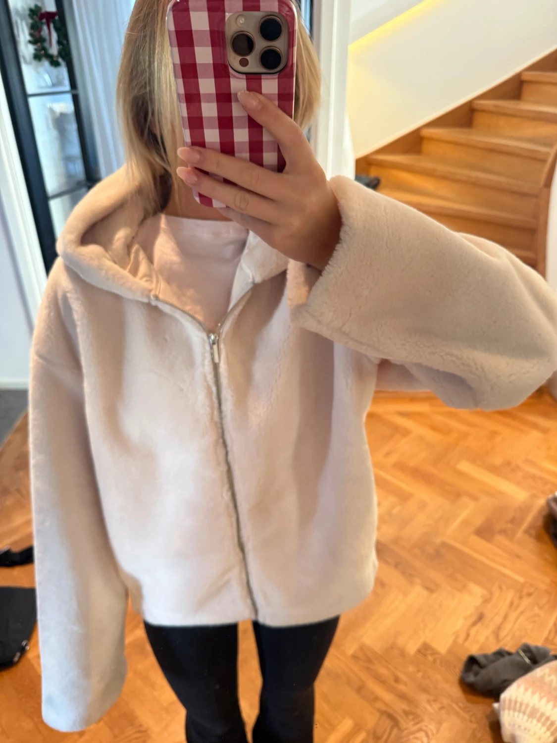 Ljusbeige teddyjacka med huva - 2