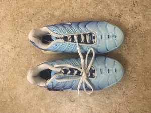 Nike Air Max Plus blå sneakers - Nike Air Max Plus sneakers i en snygg gradient av ljusblå och mörkblå med vita detaljer. Skorna har synliga Air Max-bubblor i sulan, snörning och mesh-överdel med vågiga linjer. Insidan är vadderad och yttersulan är svart. Perfekt för dig som gillar sportig och cool stil.