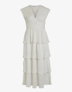 Vit studentklänning med volanger  - Supersöt vit långklänning från Vila med flera lager volanger och v-ringad hals. I super bra skick! Nypris: 1000 kr 