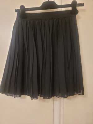 Svart plisserad kjol från NA-KD - Säljer en svart plisserad kortkjol från NA-KD i storlek 36. Kjolen har ett snyggt fall och är gjord i ett lätt och luftigt syntetmaterial. Perfekt för dig som gillar stilrena och trendiga plagg med mycket rörelse i tyget.