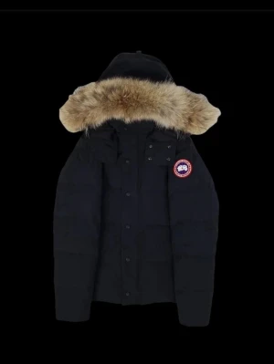Svart dunjacka från Canada Goose - Säljer en svart dunjacka från Canada Goose med stor huva och fluffig pälsdetalj. Jackan har knappar framtill, lång ärm och klassisk logopatch på bröstet. Perfekt för kalla dagar och riktigt snygg till vinterlooken.