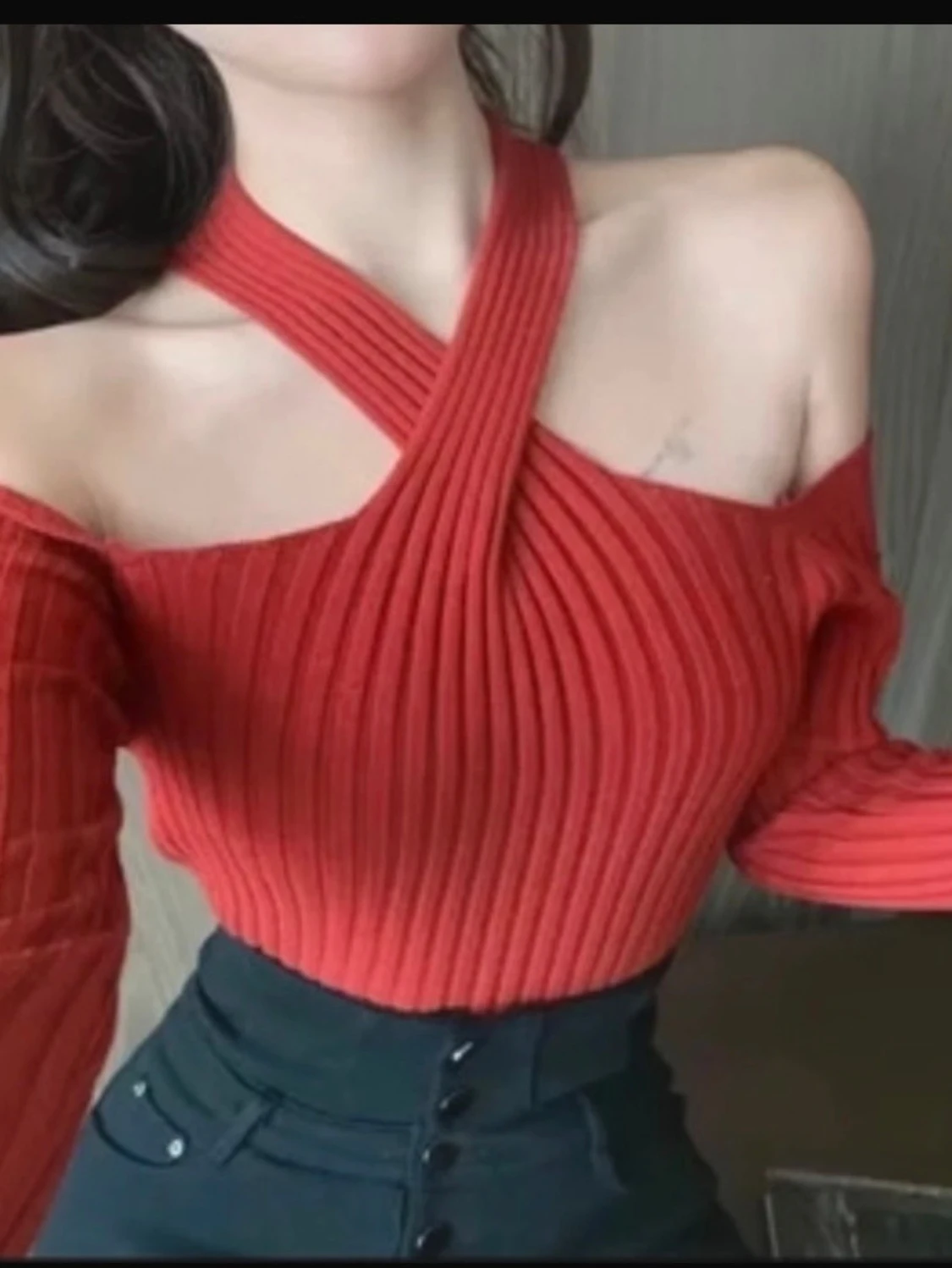 Röd Knitted ribbad öppna Axel topp 