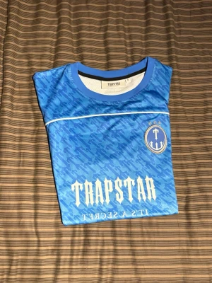 Blå Trapstar t-shirt med tryck - Säljer en blå t-shirt från Trapstar med coolt mönster och vita detaljer. På ryggen står det 'Trapstar' och siffran 22 i stor stil. Framsidan har logga och texten 'It's a secret'. T-shirten har rund hals och korta ärmar, tillverkad i polyester för skön känsla. S men passar M