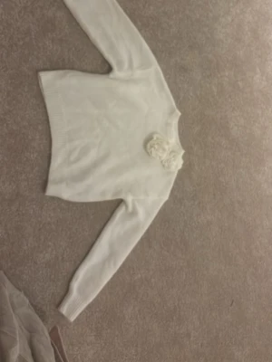 Vit stickad tröja med blomdetalj Zara - Säljer en vit stickad tröja från Zara i storlek 164. Tröjan har långärmade och en snygg ribbad kant vid midja och ärmslut. På axeln finns en cool blomdetalj som ger extra stilpoäng. Perfekt för dig som gillar enkla men unika plagg.