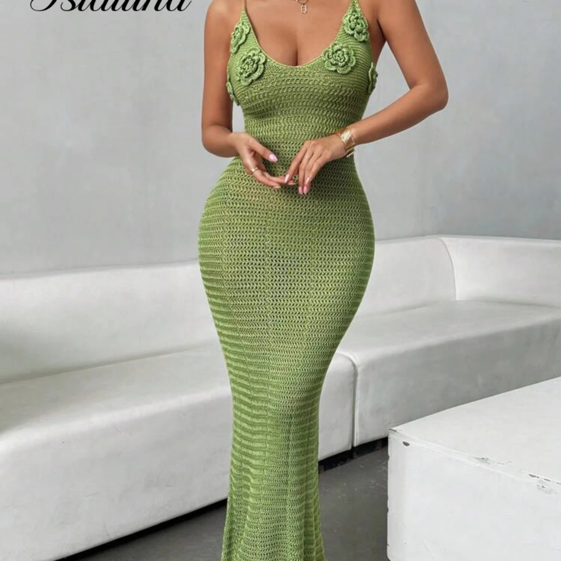 Grön stickad långklänning med blommor - 3