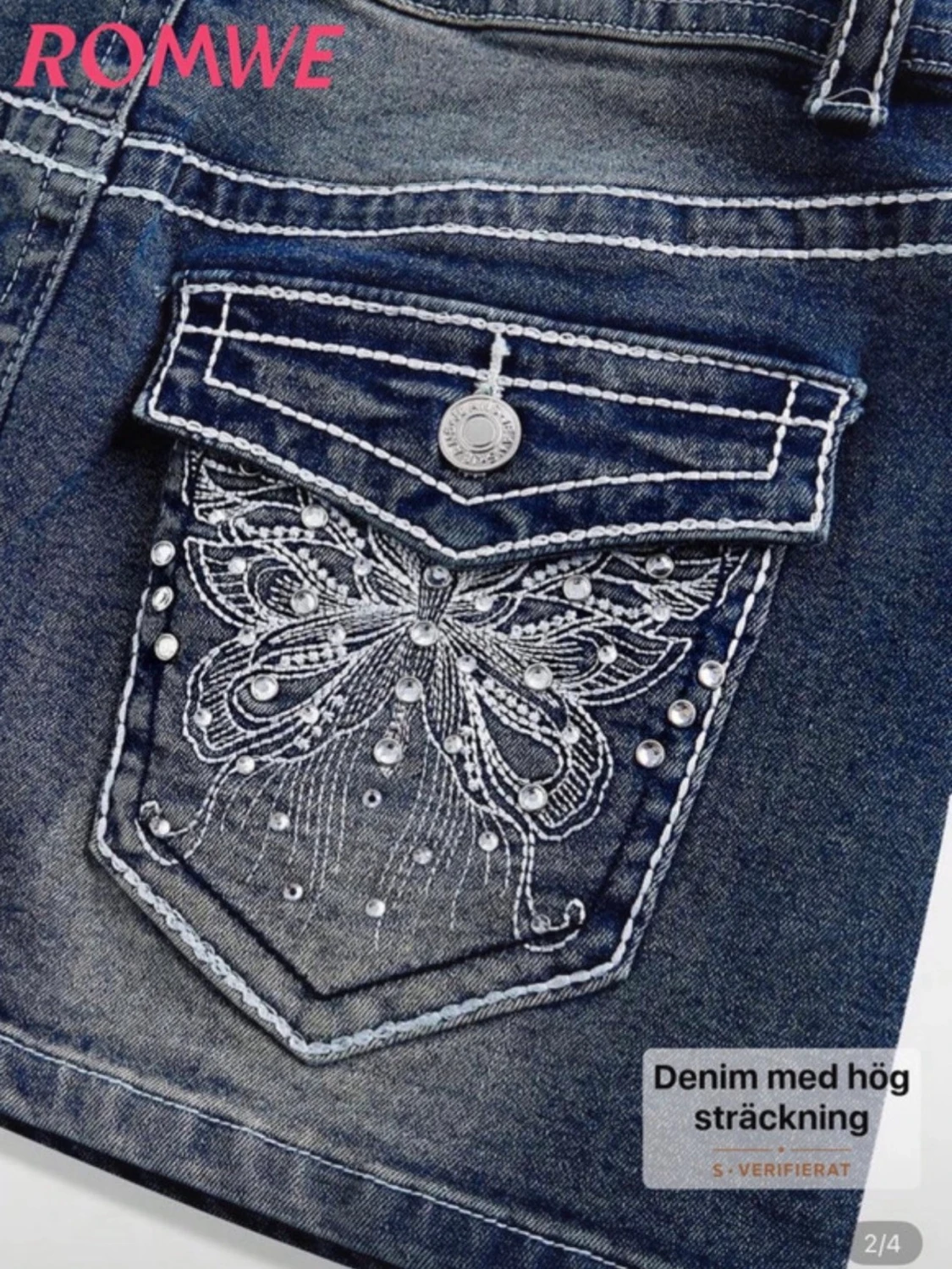 Blå jeanskjol med broderade fjärilar - 2