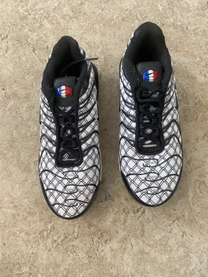 Nike Air Max Plus Tn sneakers svart/vit - Nike Air Max Plus Tn sneakers med svart och vit ovandel i syntetmaterial och mesh. Skorna har ett rutigt mönster, svarta detaljer och snörning. Sulan har synliga Air-enheter och Tn-logga bak. Perfekt för dig som gillar streetwear och unika sneakers.