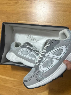Grå och vita Diors storlek 42 - Säljer ett par snygga Dior sneakers i grått och vitt med coola meshpaneler och detaljerade sömmar. Skorna har snörning, rund tå och en chunky platt sula med CD-logga på hälen och undersidan. Pris är ej hugget i sten!