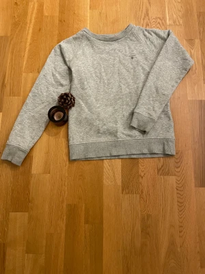 Grå sweatshirt från GANT - Snygg grå sweatshirt från GANT med broderad logga på bröstet. Tröjan har ribbade muddar vid ärmslut och nederkant samt en klassisk rund hals med diskret röd, vit och svart rand på insidan. Perfekt för chill dagar och enkel att matcha.