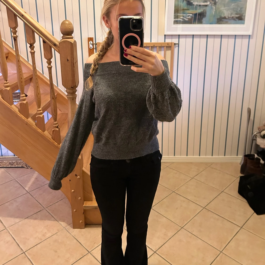 Mörkgrå offshoulder stickad tröja - 1