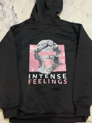 Svart hoodie - Det  här är en svart hoodie med ett grafiskt tryck på ryggen. Trycket föreställer en klassisk marmorbyst i gråtoner, placerad mot en rosa fyrkantig bakgrund. Över ögonen på statyn finns en rosa rektangel, och statyn blåser en rosa bubbelgum-bubbla. Under bilden står texten “INTENSE FEELINGS” i stora vita och rosa bokstäve