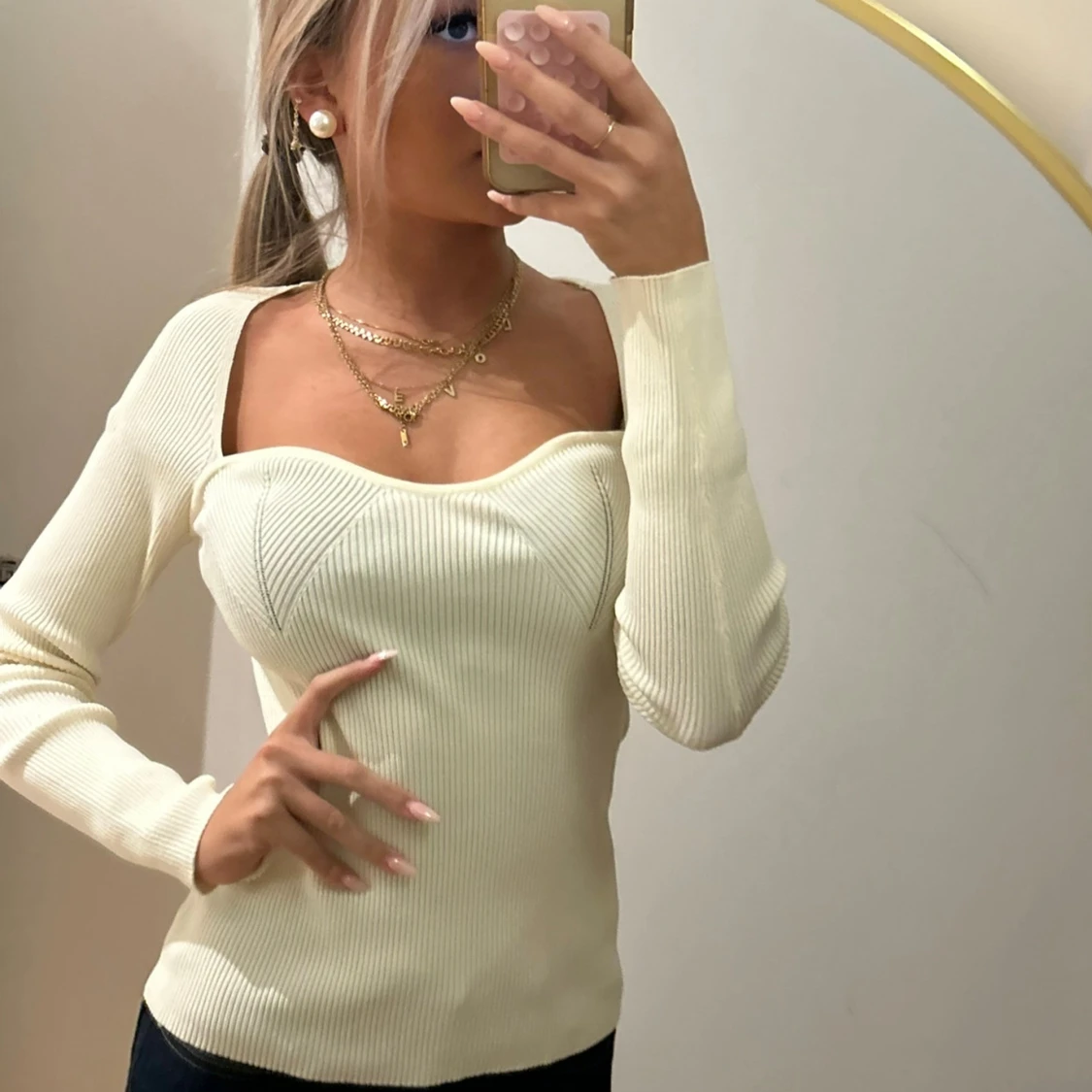 Ribbad vit långärmad korsett-topp - 1