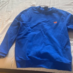 Blå Hov1 tourtröja med krona, M - Säljer en blå crewneck från Hov1s 4-EVER Tour med broderad krona framtill och turnétryck på ryggen. Tröjan har lång ärm och är gjord i mjuk bomull. Tröjan är från deras tour 2024