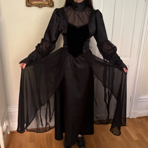 Gothic långklänning - Säljer en svart långklänning av märket Raven med transparenta detaljer och högt halslinne. Klänningen har puffiga långärmar i skir polyester, snörning i midjan och ett sammetsliv. Flödande kjol med tunna lager och spetsdetaljer på ärmarna. Endast använd ett fåtal gånger. 🖤