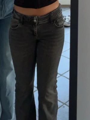 Grå bootcut jeans med låg midja - Snygga grå jeans med bootcut-modell och låg midja. Jeansen har klassisk femficksdesign och stängs med knapp och dragkedja. Perfekta för en trendig och avslappnad look.