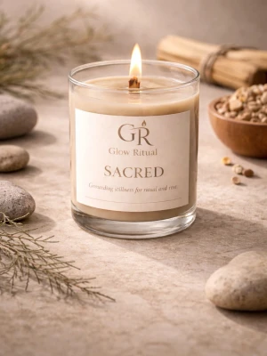 Sacred handgjord doftljus - Sacred handgjord dofljus är ett djupt jordande ljus skapat för stillhet, ritual och meditation. Den varma doften av sandelträ, rökelse och mjuk cederträ skapar en trygg och helig atmosfär där kroppen kan slappna av och sinnet få vila. Perfekt för kvällsritualer, meditation och stunder av närvaro.