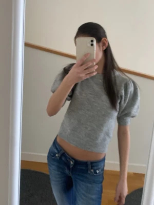 Grå croppad topp med puffärmar - Trendig grå croppad topp med puffiga korta ärmar och rund halsringning. Perfekt för en stilren och modern look. Enkel att matcha med både jeans och kjol.