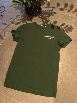 Grön Björn Borg t-shirt i bomull - Snygg grön t-shirt från Björn Borg i storlek S. T-shirten har korta ärmar och rund hals, med vit logga tryckt på bröstet. Tillverkad i mjuk bomull som känns skön mot huden. Perfekt för dig som gillar stilrena och sportiga plagg.#tshirt #tröja  #herrmode #stilren