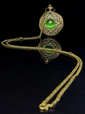 Chronicle of Jade - Chronicle of Jade är en elegant fickklocka i antik guldfinish med ett vackert ornamenterat hölje och en djupgrön jadesten i centrum. Den detaljrika designen ger klockan ett mystiskt och tidlöst uttryck, inspirerat av klassiskt hantverk och vintage-estetik. Levereras med matchande kedja och fungerar lika bra som stilfull accessoar som ett unikt smycke. Ett perfekt val för dig som uppskattar antik känsla, symbolik och elegant design. Helt ny.