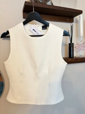 Vit ärmlös topp från Gina Tricot - Snygg vit ärmlös topp från Gina Tricot med rund halsringning och figurnära passform. Toppen har stilrena sömdetaljer framtill och dragkedja i ryggen. Perfekt att matcha med jeans eller kjol för en clean look.