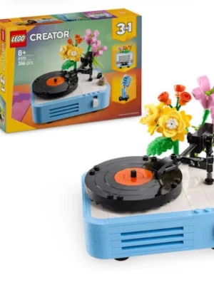 Lego - Bilden visar ingen väst utan ett LEGO Creator byggset med en skivspelare och blommor.