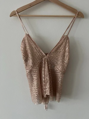 Glittrig paljettopp från SHEIN - Supersnygg glittrig topp från SHEIN i ljus champagnefärg med tunna axelband och v-ringning. Toppen har paljetter över hela och snörning i ryggen för extra snygg passform. Perfekt för dig som vill sticka ut lite extra! Använd en gång