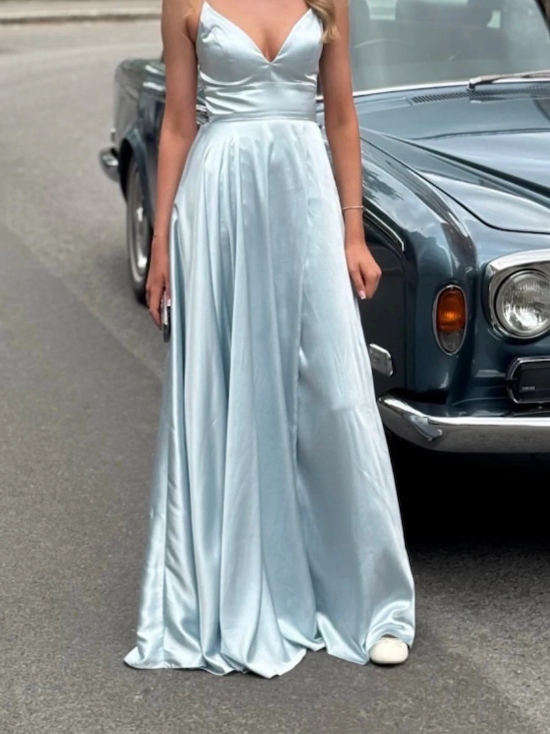 Ljusblå balklänningen öppen rygg med snörning  - 3