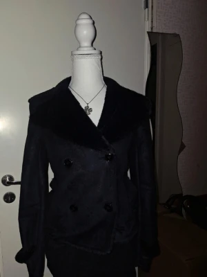 Svart pälsjacka med bred krage - Säljer en svart pälsjacka med bred, fluffig krage och dubbelknäppning framtill. Jackan har en kortare, figurnära passform och mjukt material både på utsidan och insidan. Perfekt för dig som vill ha en stilren och mysig look i vinter.