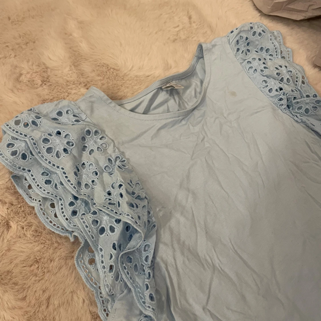 Ljusblå blus med broderade volangärmar