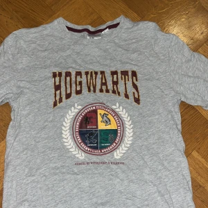 Grå Hogwarts t-shirt från H&M - Säljer en grå t-shirt från H&M med stort Hogwarts-tryck och emblem för Gryffindor, Hufflepuff, Ravenclaw och Slytherin på bröstet. T-shirten har korta ärmar och detaljer i vinrött och gult. Perfekt för Harry Potter-fans som vill visa sin stil.